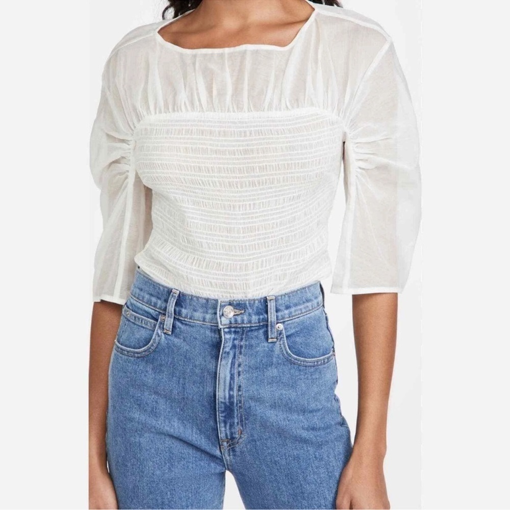 REBECCA TAYLOR Womens RUCHED ORGANZA BLOUSE white size XS cotton silk blend